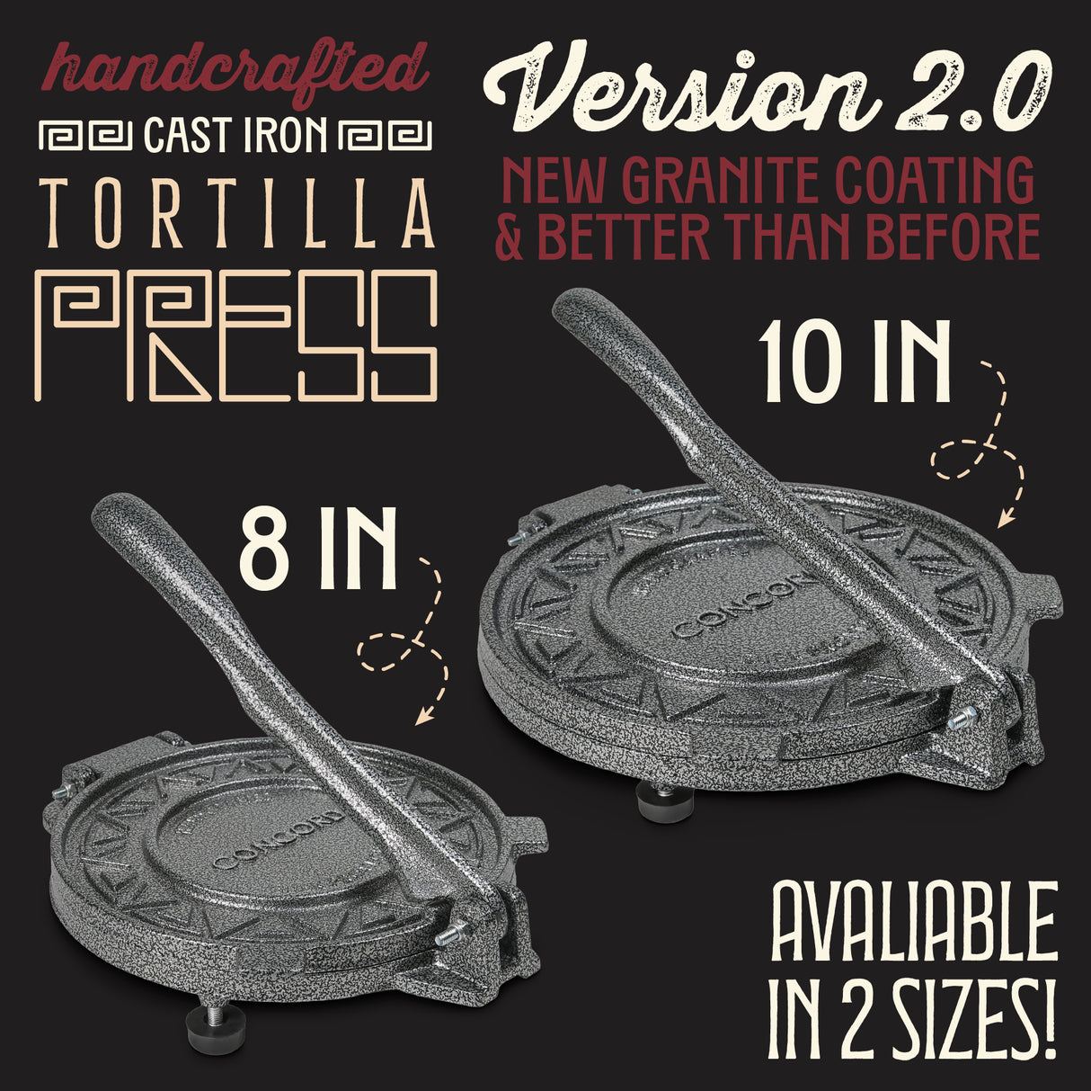 Concord tortilla press new version 2.0 available in 8 inch and 10 inch sizes