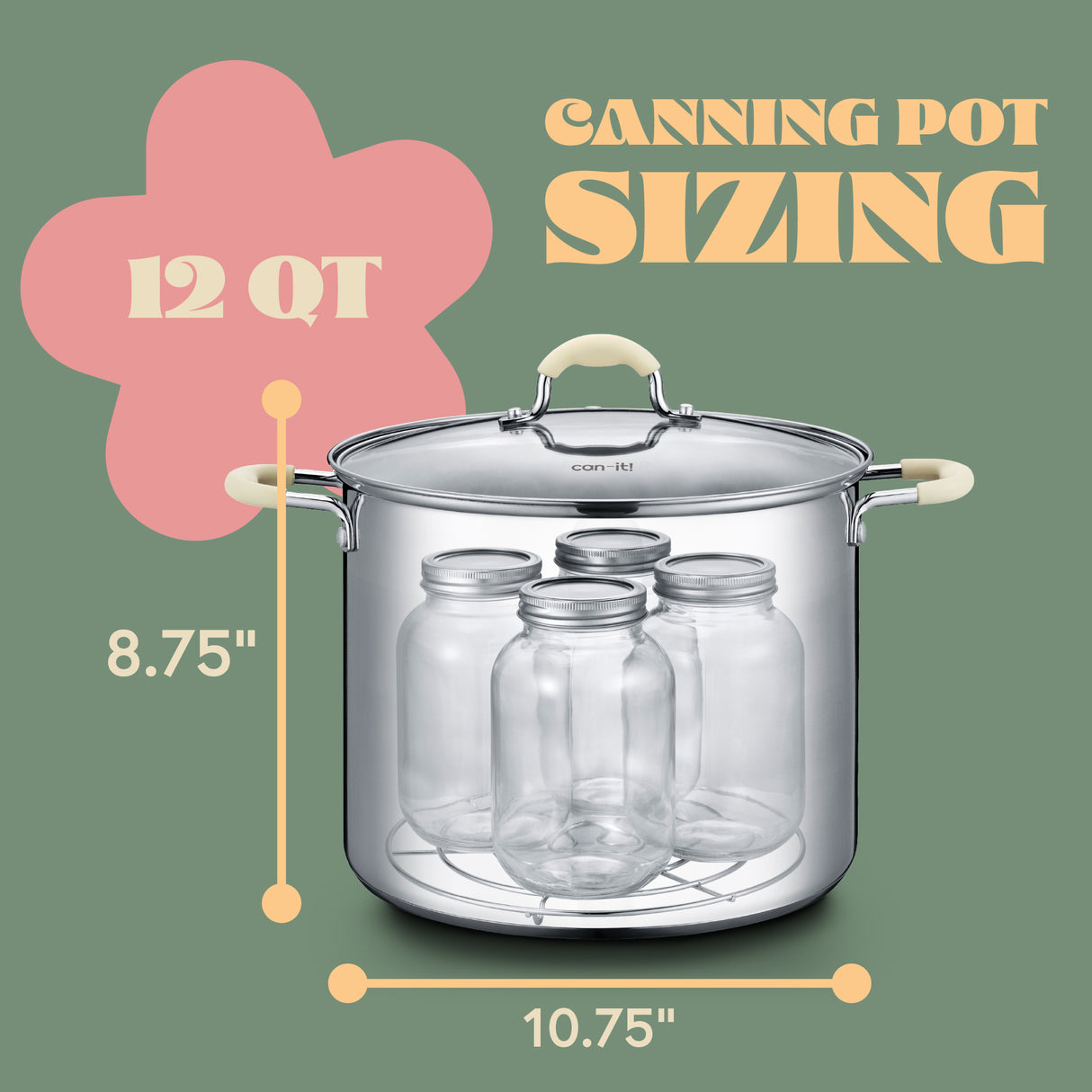 Can IT stainless steel canning pot sizing guide showing jars inside