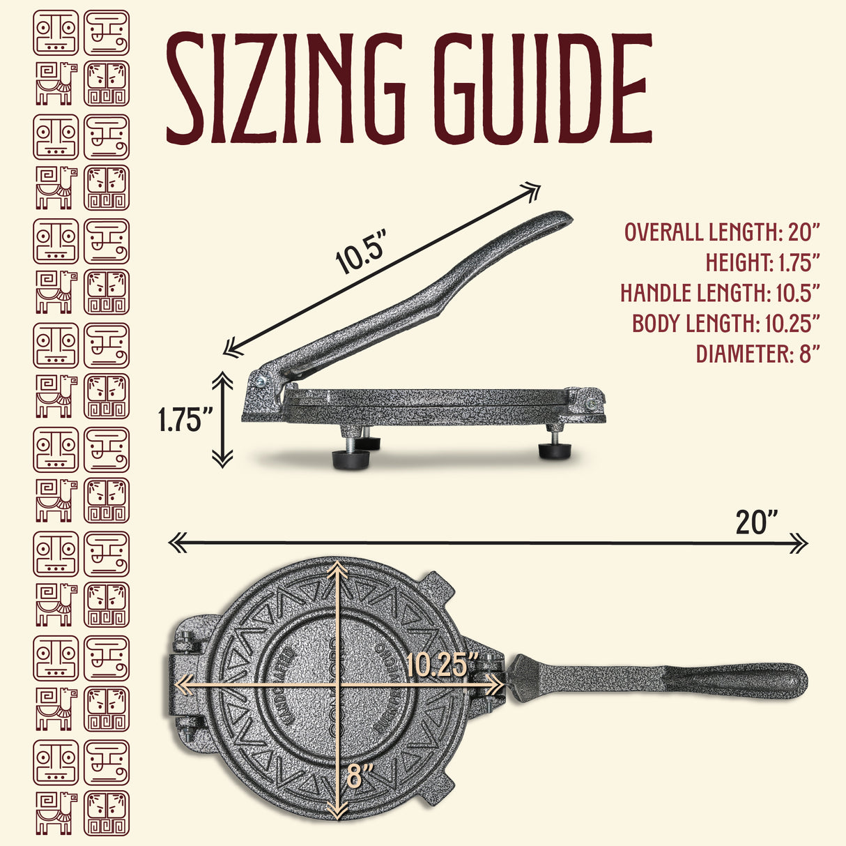 Concord 8 inch tortilla press sizing guide