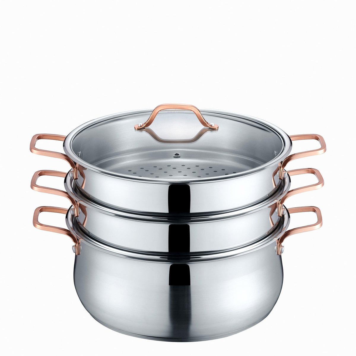 CONCORD 3 Quart Stainless Steel 3 Piece Steamer Cookware Set. Features 2  Quart Veggie Steamer and 3 Quart Cooking Pot with tempered glass lid.