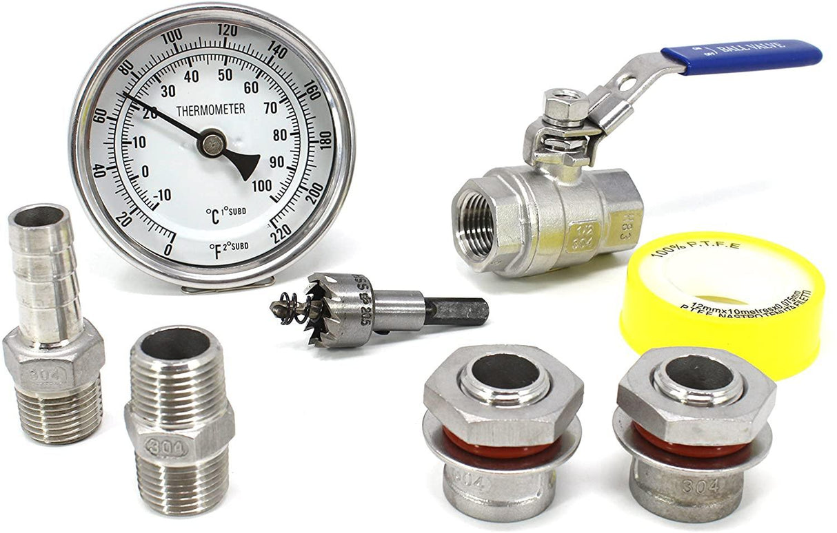 CONCORD Home Brewing Starter Kit. Weldless Setup including Ball Valve, Barb Hose, Bulkhead, Thermometer, etc - Concord Cookware Inc