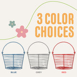 Concord egg baskets are available in blue, grey, and red colorways