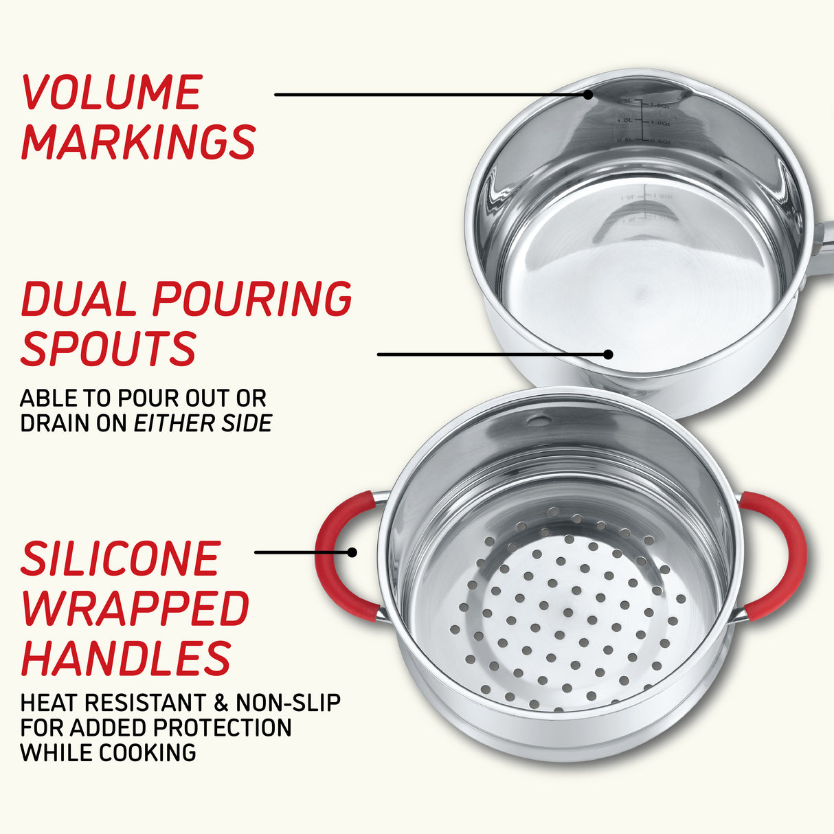 Simple Pour Stainless Steel Saucepan with Steamer Tier
