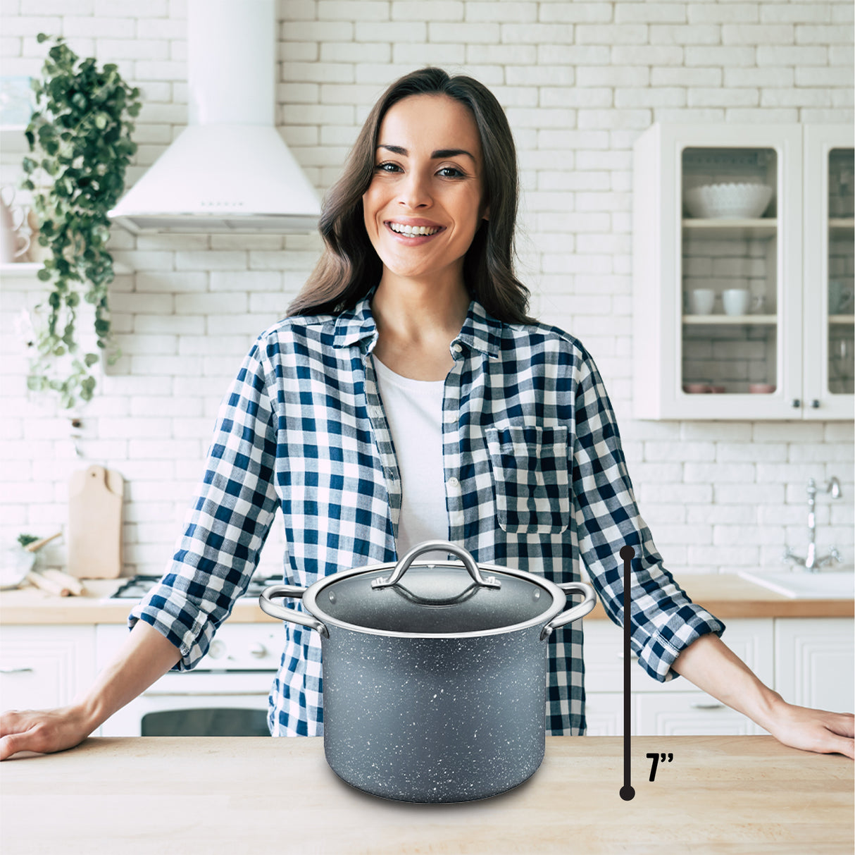 Concord Granite nonstick stock pot size comparision next to female