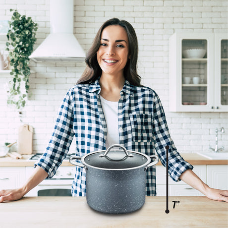 Concord Granite nonstick stock pot size comparision next to female
