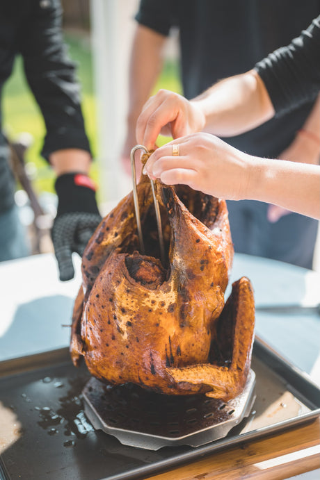 A deep fryed turkey on Concord turkey frying rack