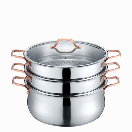 Premium Stainless Steel 3 Tier Steamer w/Rose Gold Handles - Concord Cookware Inc