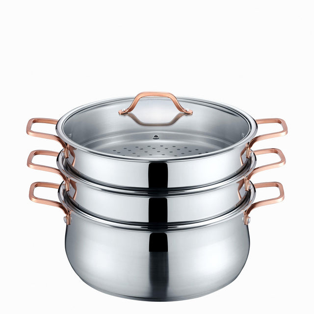 Premium Stainless Steel 3 Tier Steamer w/Rose Gold Handles - Concord Cookware Inc