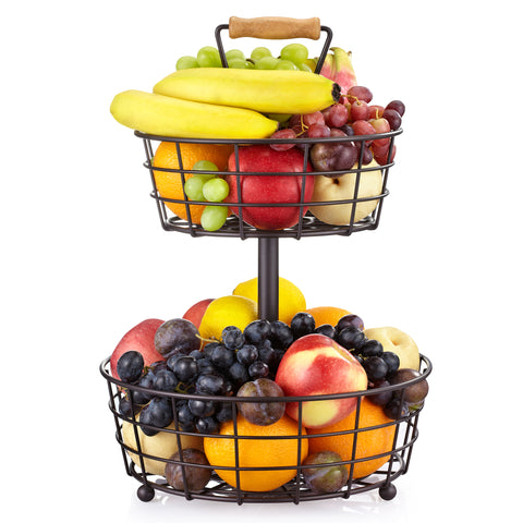 2 Tier Fruit Basket with Natural Wood Handles