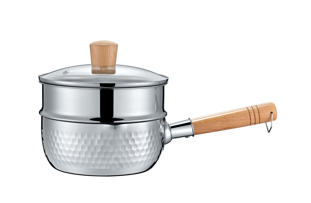 Concord 2 Quart Stainless Steel Yukihira Pan with Steamer Traditional Japanese Saucepan with Wood Handle Great for Ramen, Tempur