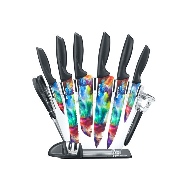 PurpleChef 10 Pieces Purple Galaxy Kitchen Knives Set. Includes 6 Stainless  Steel Knives, Scissors, Knife Sharpener, Peeler, and Clear Acrylic Stand.